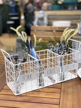 Rae Dunn White Wire Utensil Organizer with Fork, Knife, Spoon Labels